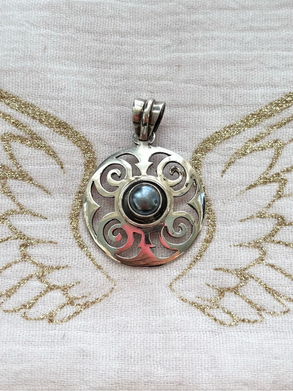 Sterling Silver Scrollwork Pendant with Peacock Pearl Center
